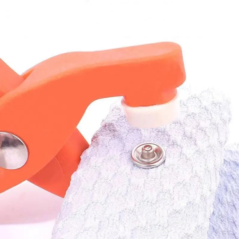 Stainless steel five claw no-sew suit buttons and application pliers for children's clothing.