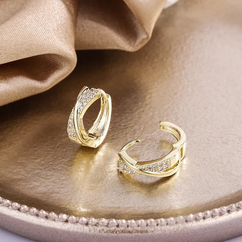 Geometric drop earrings with zircon detailing in 14K yellow gold-coloured copper
