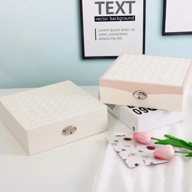 Red and white PU jewellery storage box for necklaces and rings with large capacity