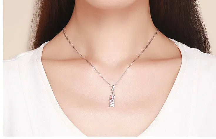S925 sterling silver carp fish pendant with zircon stones, measuring 2.8cm tall.