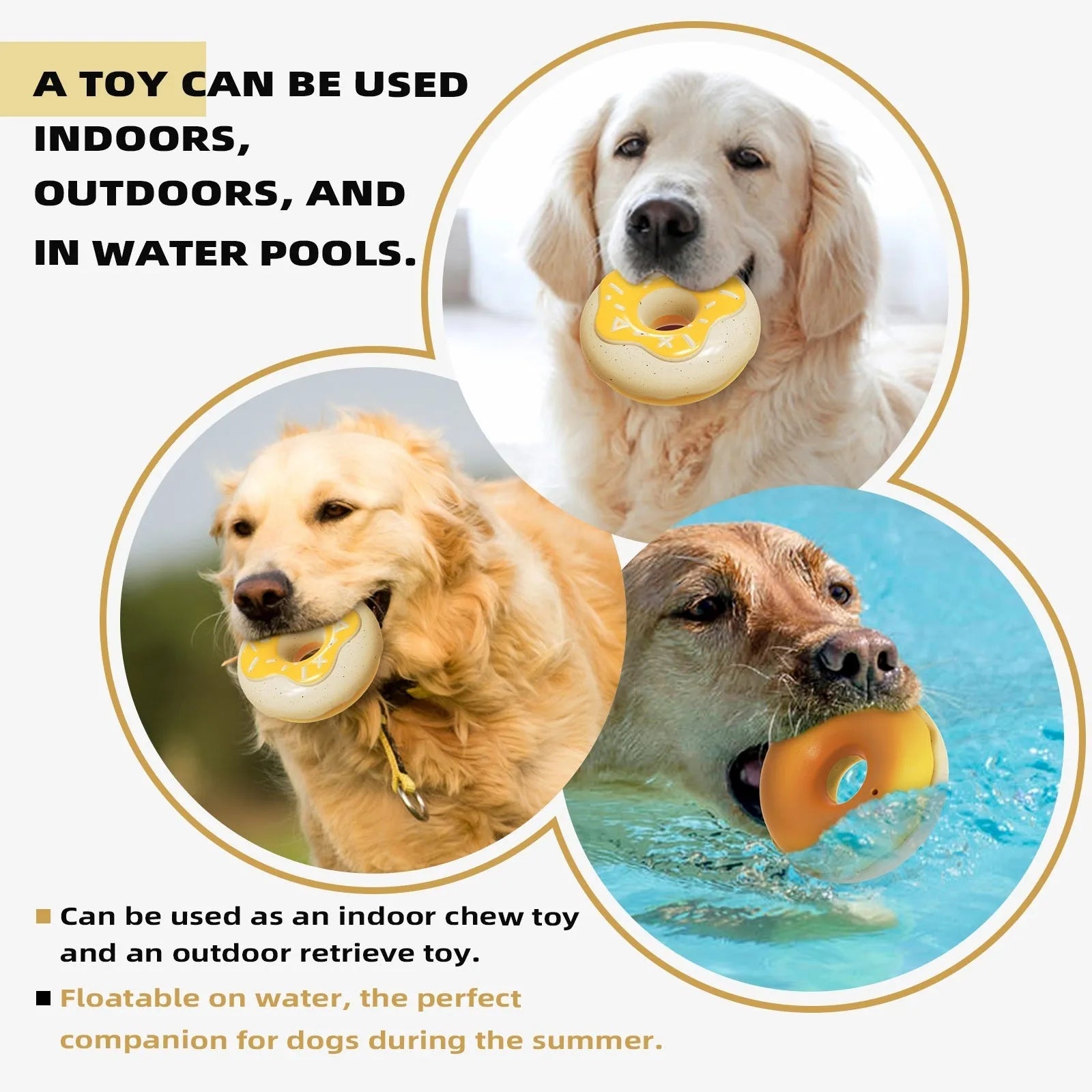 Molar teeth cleaning sound donut dog toy in TPR material showing pink, yellow, and chocolate colour options