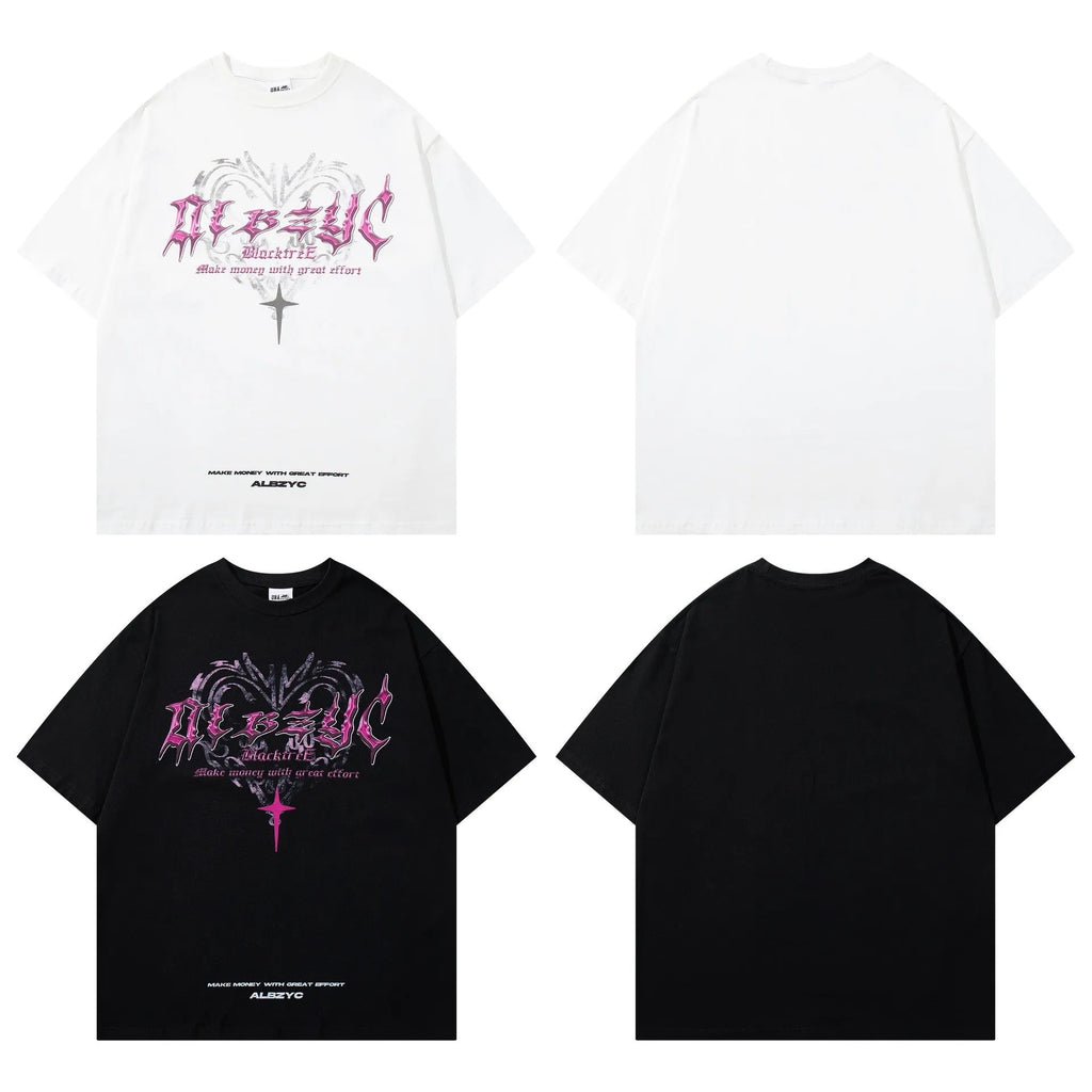 Men's black cotton t-shirt with retro printed design showing loose fit and short sleeves
