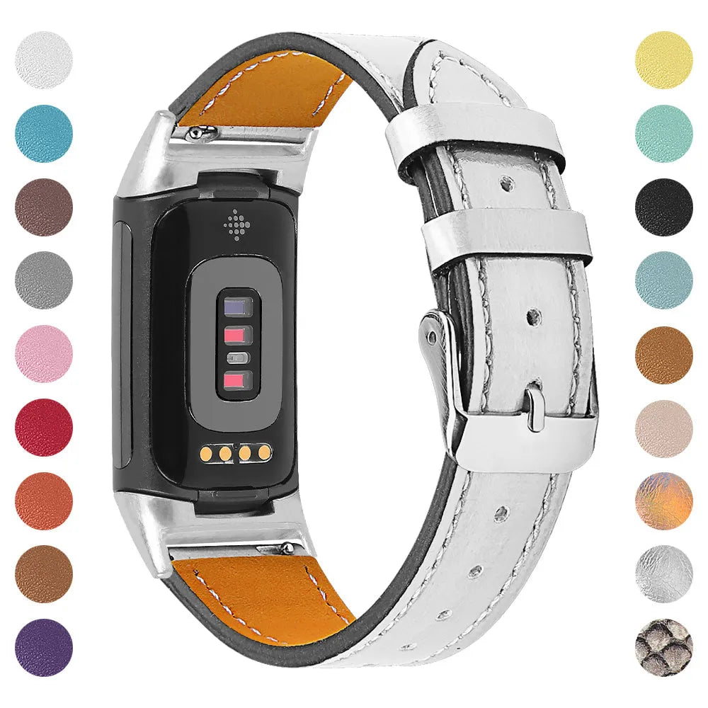Genuine cowhide leather replacement strap for Fitbit Charge 5 and Charge 6 smartwatch in multiple colours.