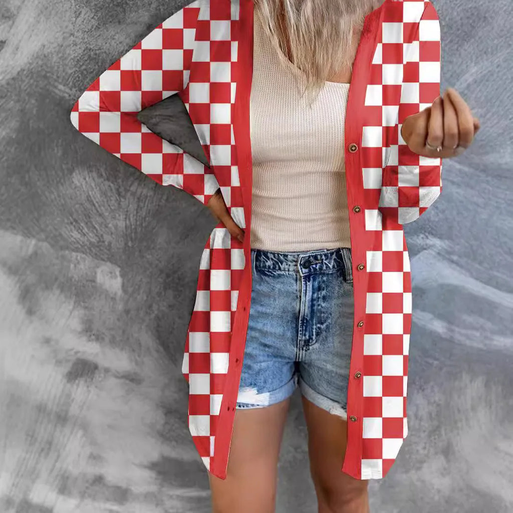 Women's long grey plaid coat cardigan with loose knitted design and regular sleeves