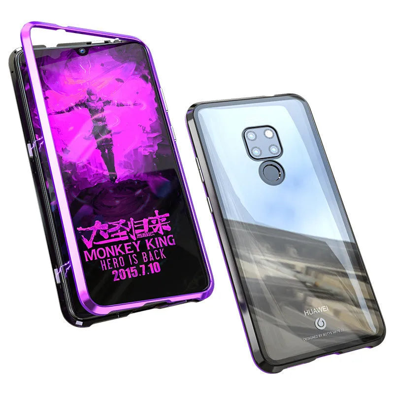 Magnetic metal phone case with tempered glass back for Huawei smartphones showing magnetic attachment points