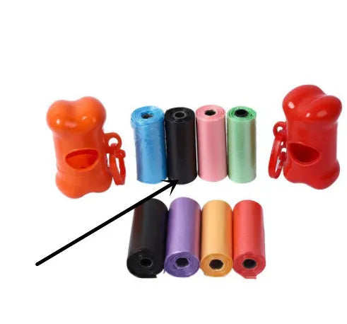 Set of five coloured dog waste poop bags showing black, blue, red, green, pink, and purple options.