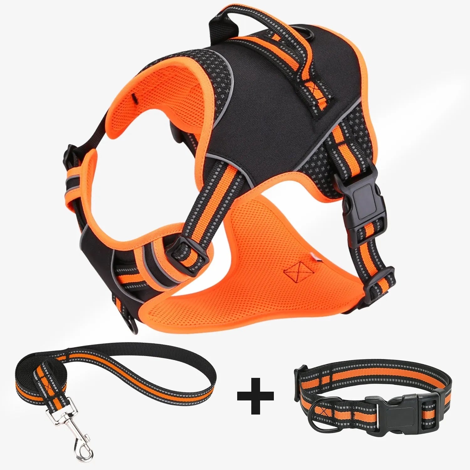 Orange polyester dog harness and lead set for medium-sized dogs during outdoor walk.