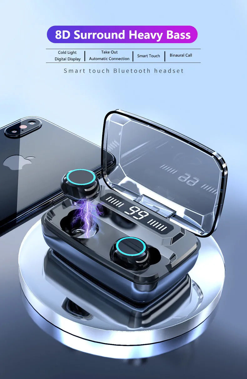 Black M11 Bluetooth wireless headset with digital display and charging case with mobile phone holder