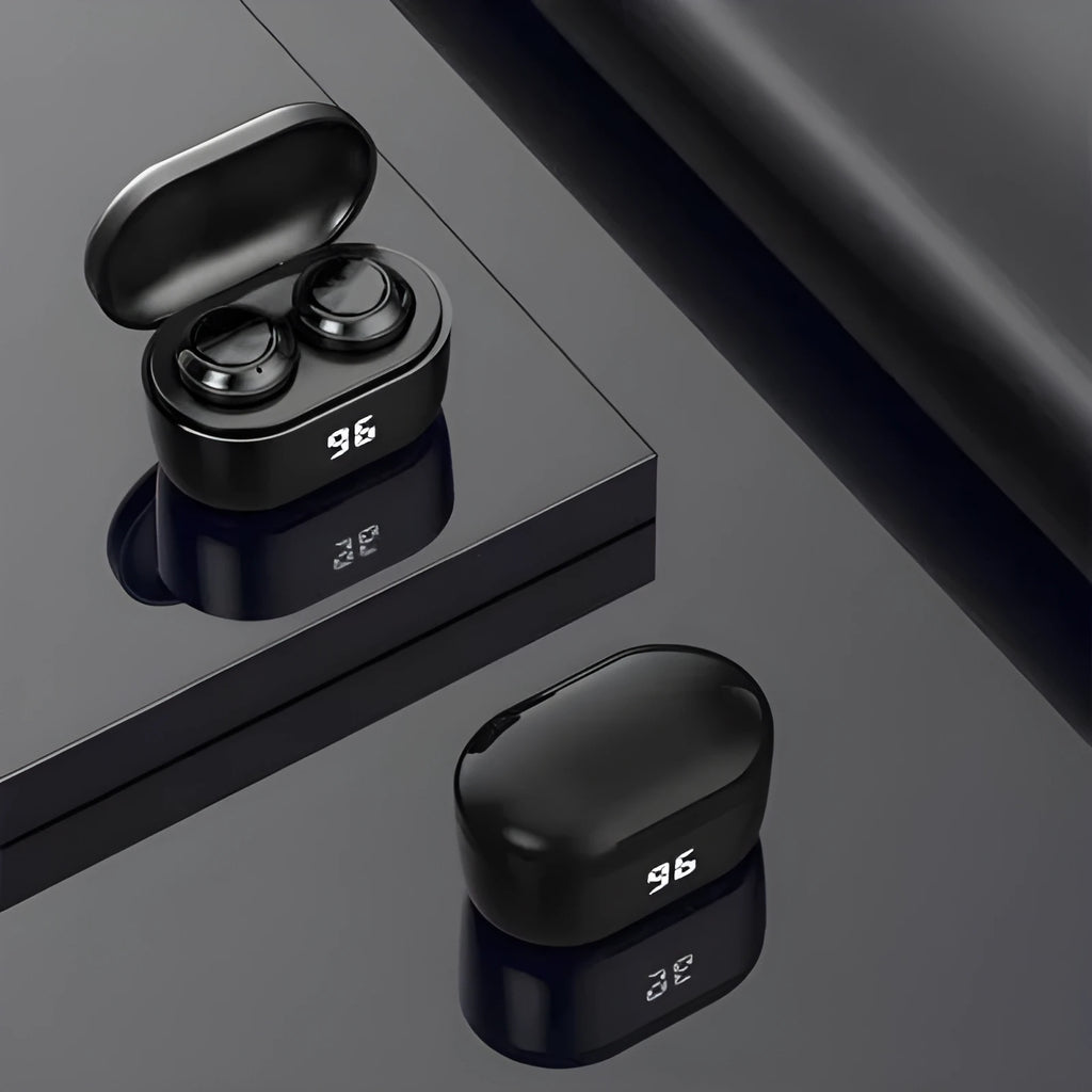 Black stereo Bluetooth earplug headset with NFC and multi-point connection