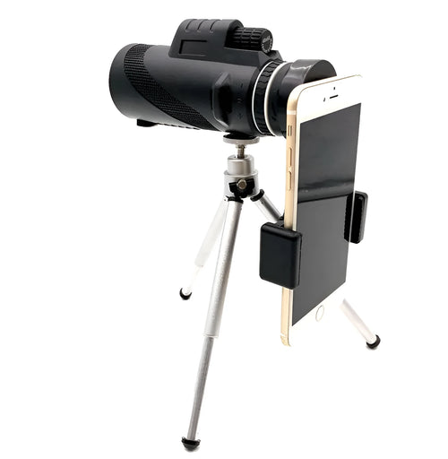 Black 40x60 monocular telescope with smartphone compatibility showing 40x magnification and waterproof construction