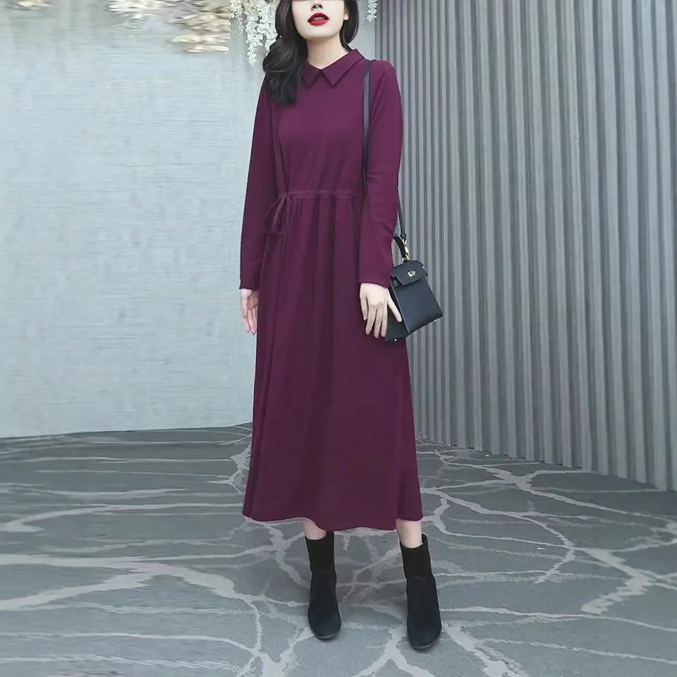 Purplish red women's plus size dress with long sleeves and skirt for autumn and winter commuting wear