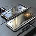 Magnetic metal phone case with tempered glass back for Huawei smartphones showing magnetic attachment points