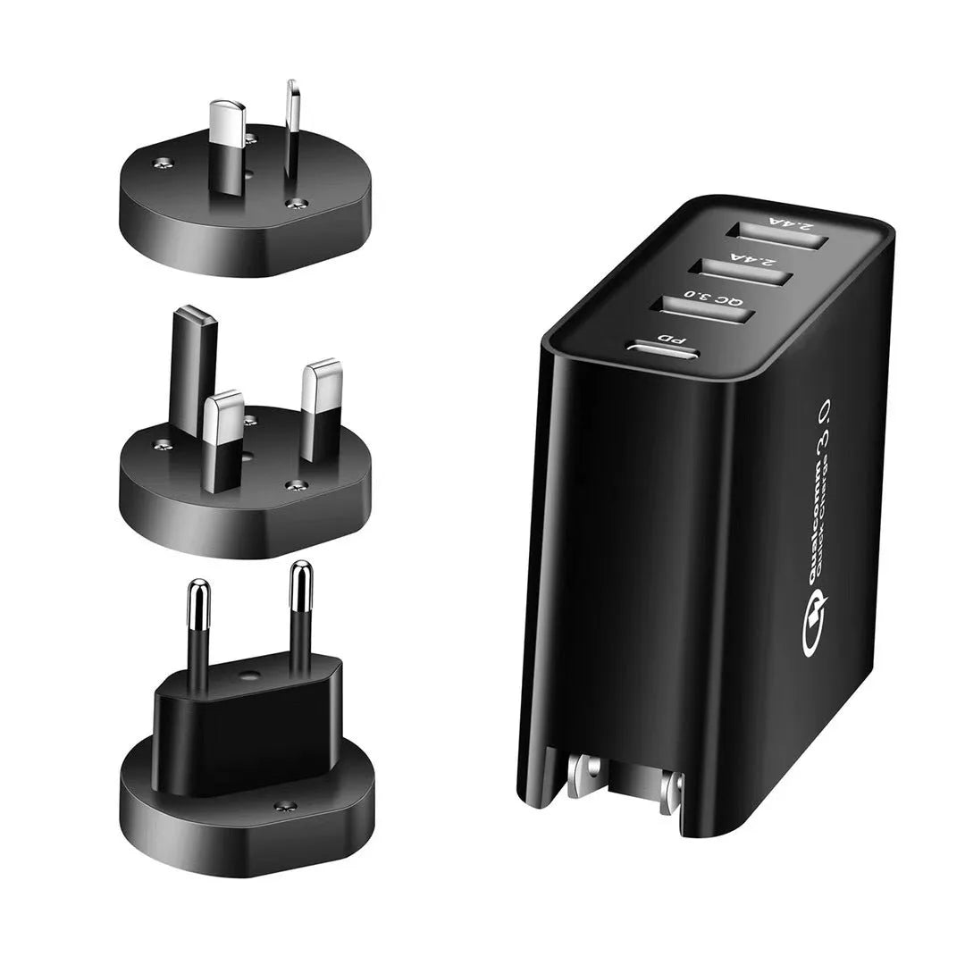 White multi-port USB fast wall charger with PD and QC support showing several device cables plugged in.