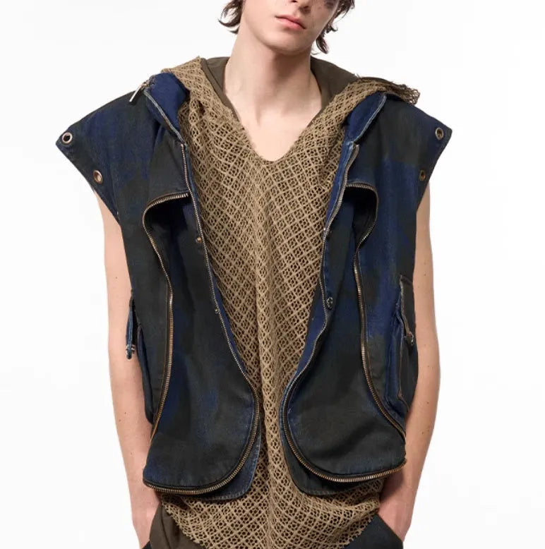 Blue Korean-style hooded denim vest coat and matching trousers outfit with front zipper closure