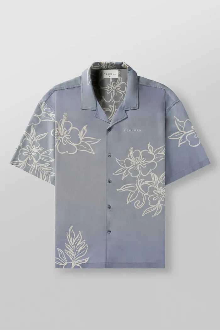 Men's loose floral print short-sleeve casual top in light colour on hanger
