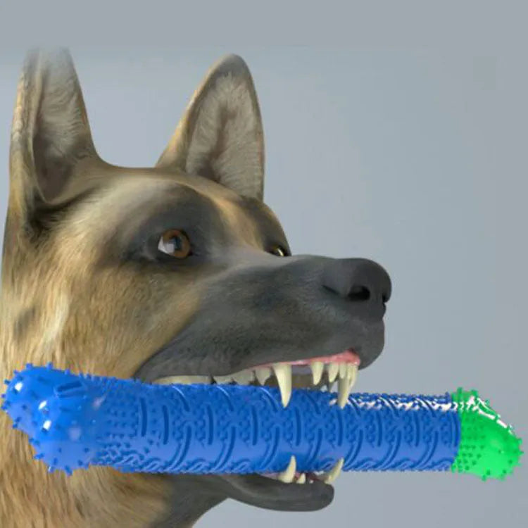 Blue and green silicone dog molar tooth cleaner toy with textured brush head and nodules.