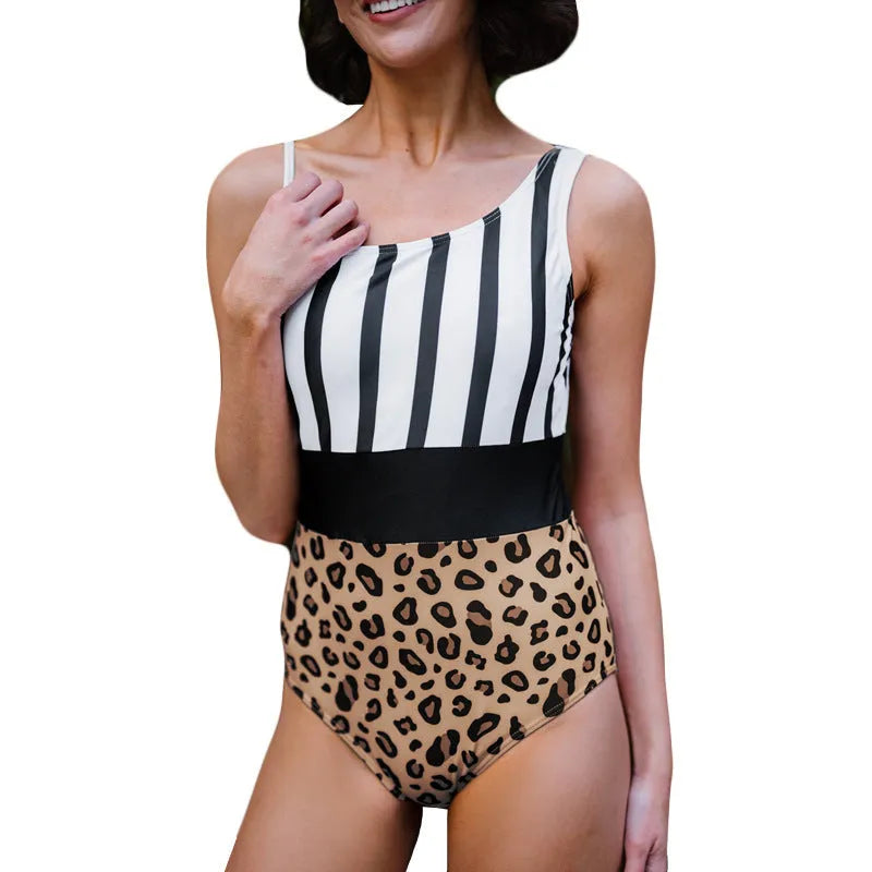 Women's leopard print high waisted one-piece swimsuit with an asymmetric collar design.