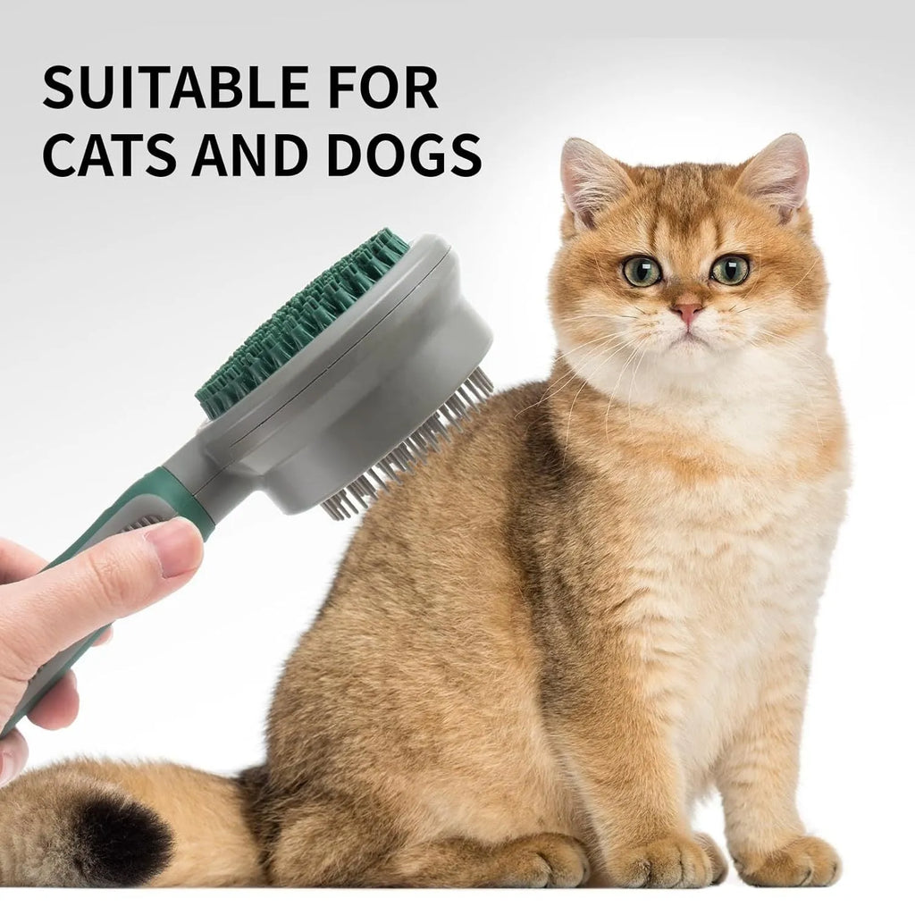 Two-sided silicone cat hair brush showing retractable slicker brush and octopus-teethed massager sides on green background