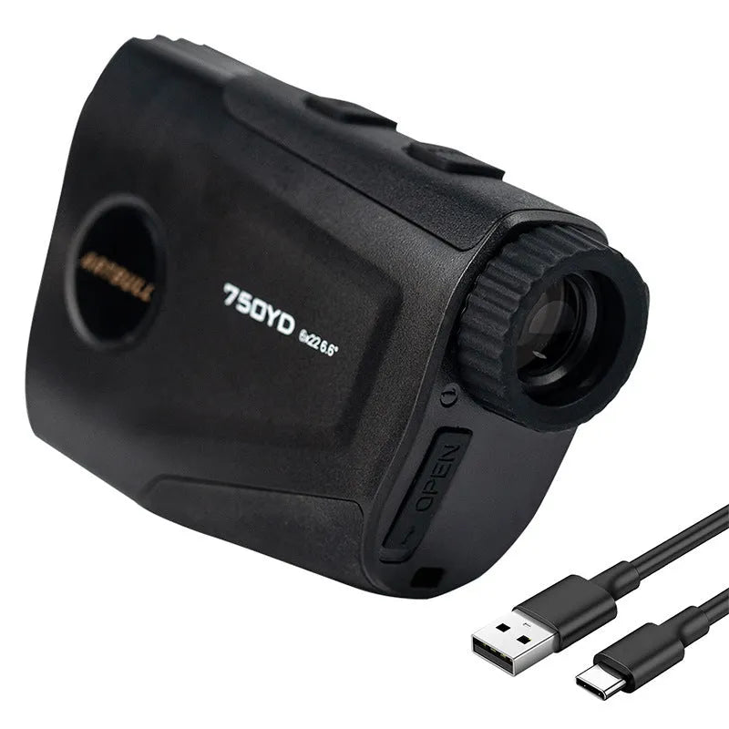 Golf laser rangefinder with LCD display showing distance measurement and slope compensation indicator