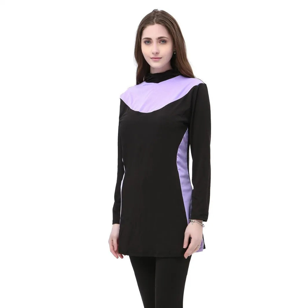Conservative women's hooded long sleeve swimsuit in black with colour trim.