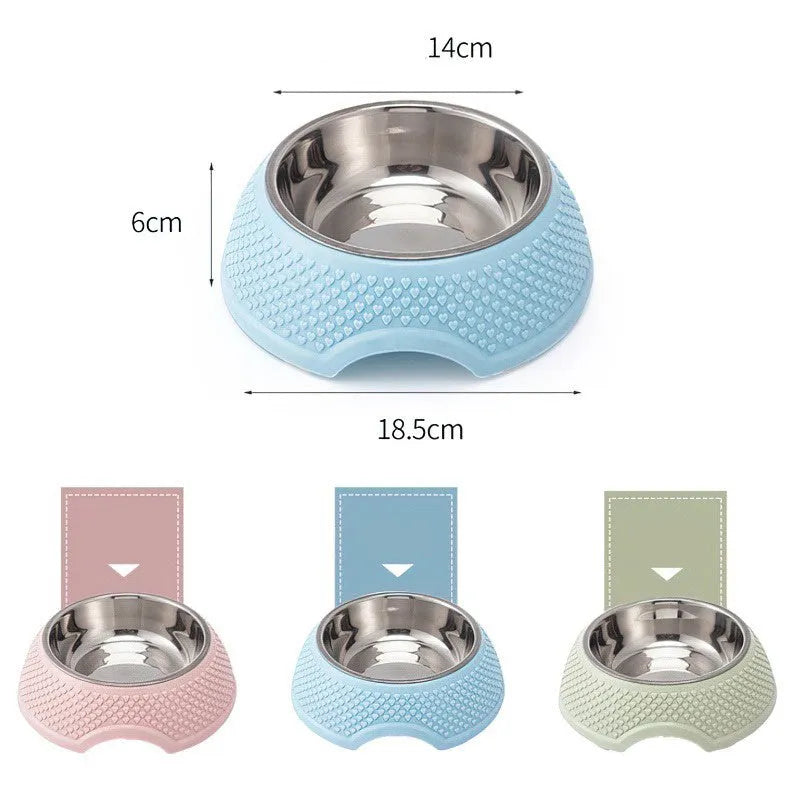 Set of four coloured stainless steel pet bowls with a non-slip base for cats and dogs.