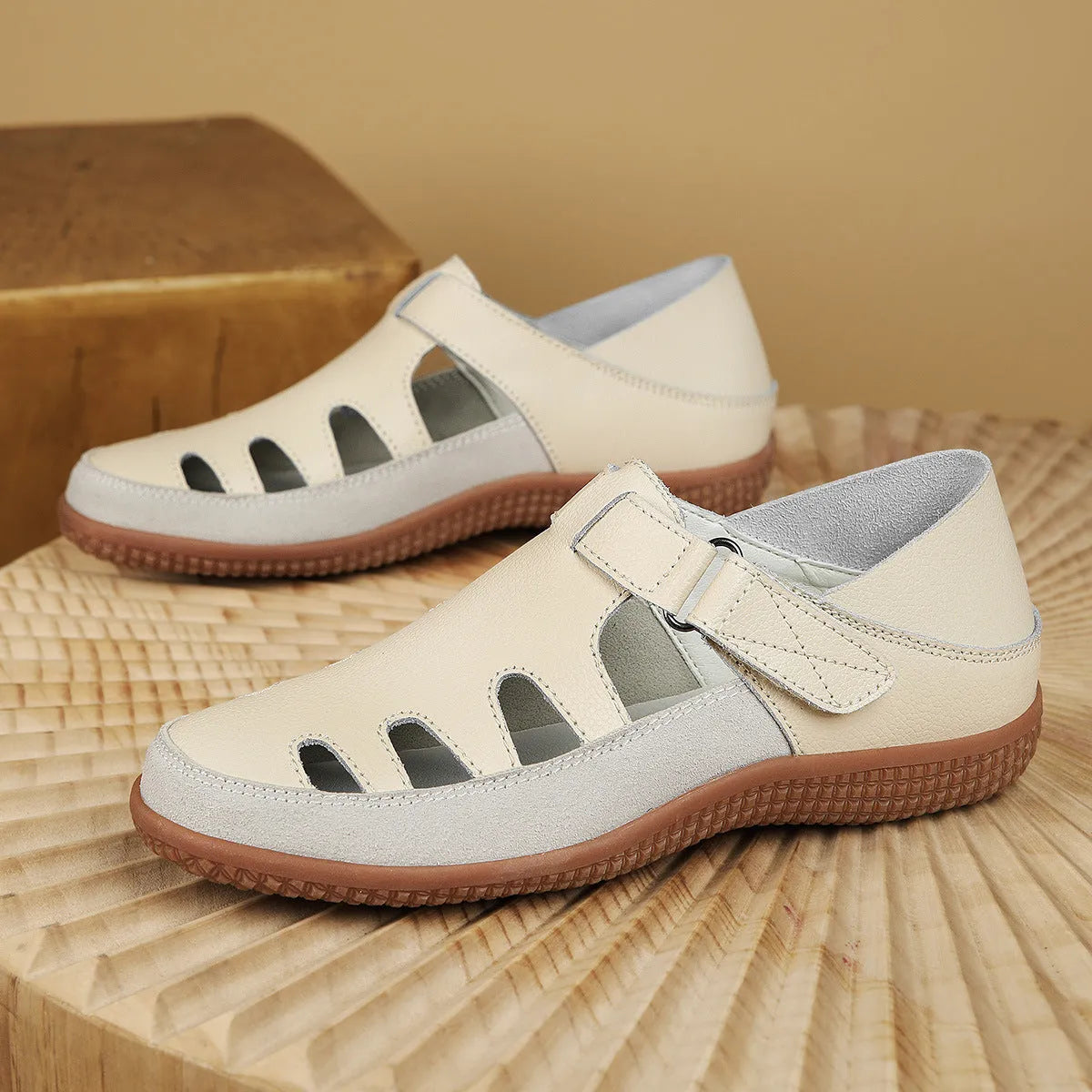 Women's plus size flat sandals with hollow breathable design and toe cap in blue colour