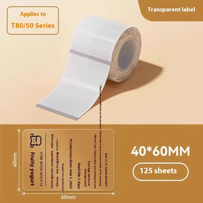 Transparent waterproof adhesive labels in various rectangular and circular sizes on thermal synthetic paper