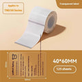 Transparent waterproof adhesive labels in various rectangular and circular sizes on thermal synthetic paper
