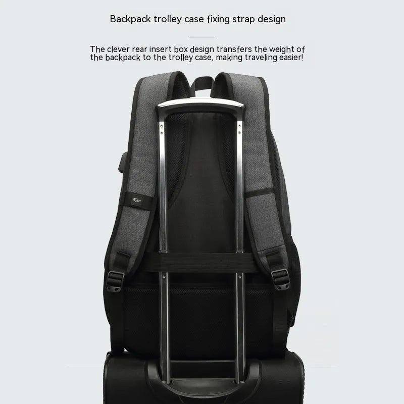 Grey nylon backpack with USB charging port showing dimensions and trolley attachment feature