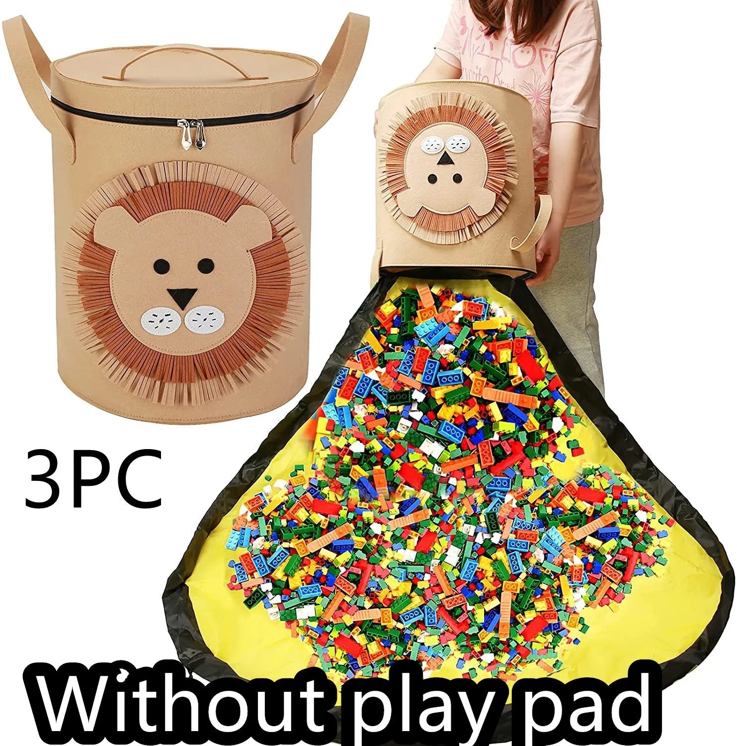 Green cube-shaped felt storage bag with a pull rope, shown as a toy organiser and play mat.