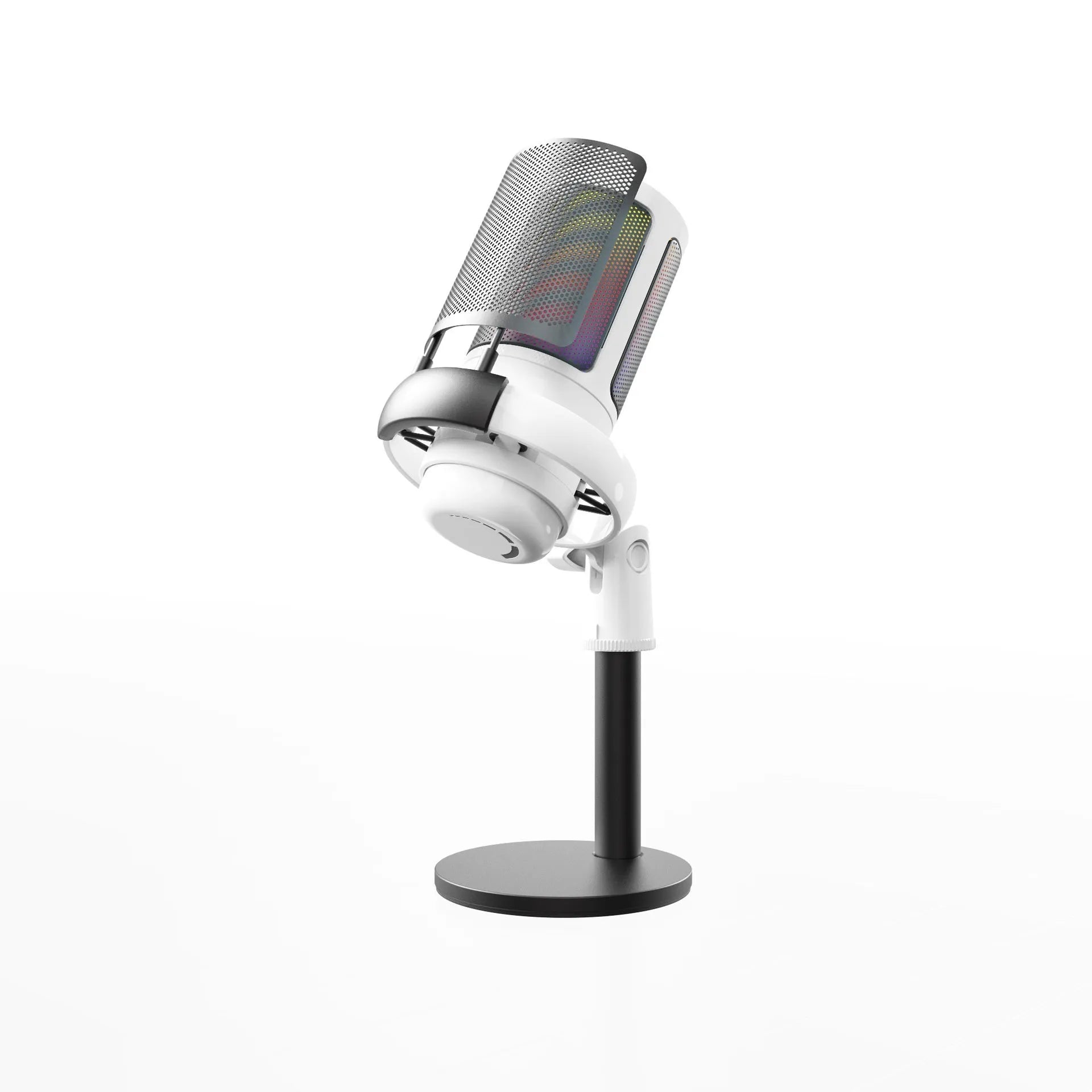 Condenser microphone with RGB lights in black, pink, or white colours for USB computer recording.