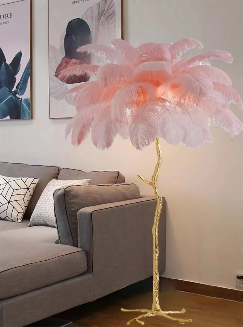 Tall decorative resin floor lamp with feather details in choice of dark green, pink, or white colours