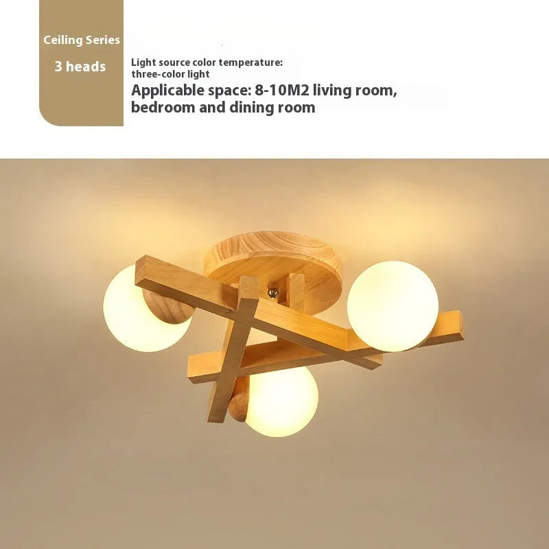 Wooden style Scandinavian three-head ceiling light with flush mount installation