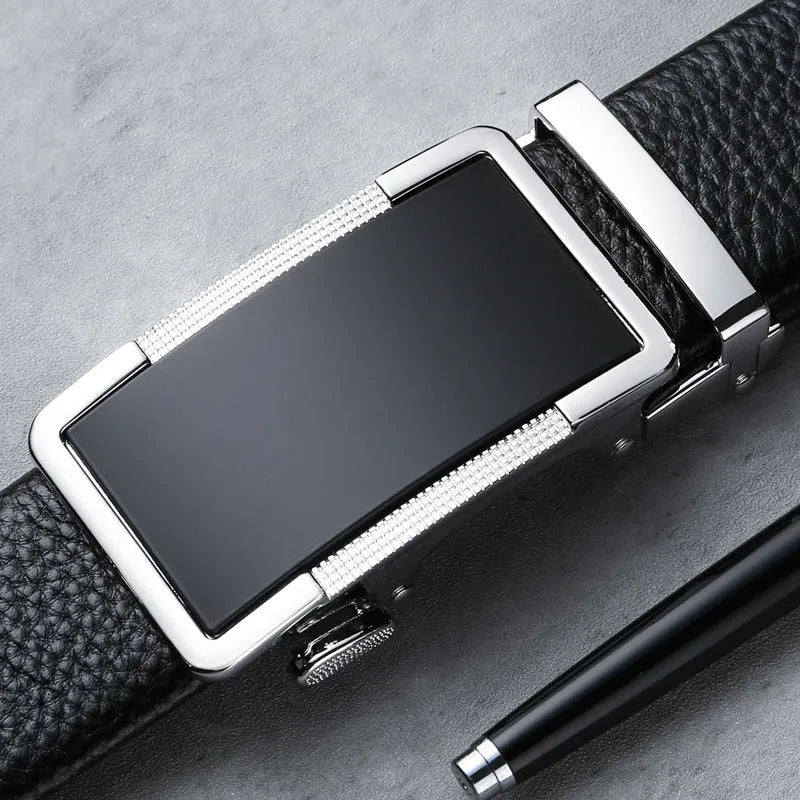 Men's leather belt with automatic buckle in gun black, silver or gold colours showing length sizing options