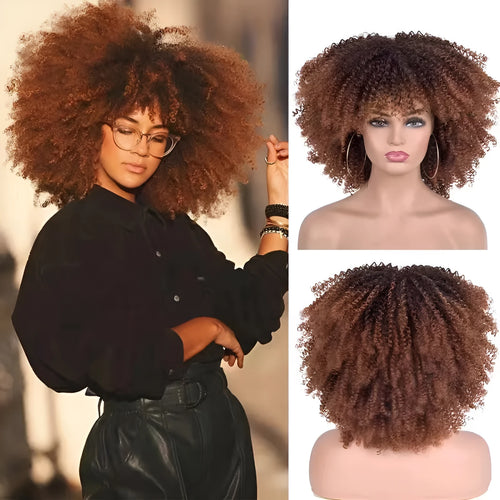 African small curly hair afro wig headgear in high temperature silk with bangs, available in multiple colours