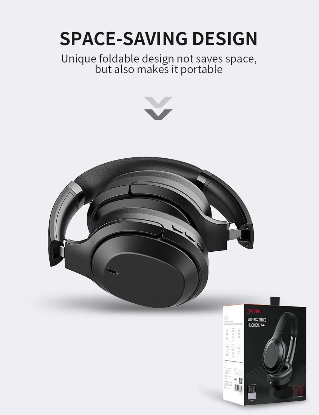 Black Gorsun E98 wireless over-ear Bluetooth headphones with padded headband and Memory-protein ear cushions.