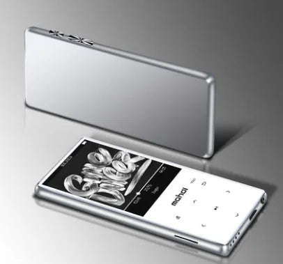 Portable black MP3 MP4 player with 2.4-inch touch screen showing music interface, placed next to wireless headphones.