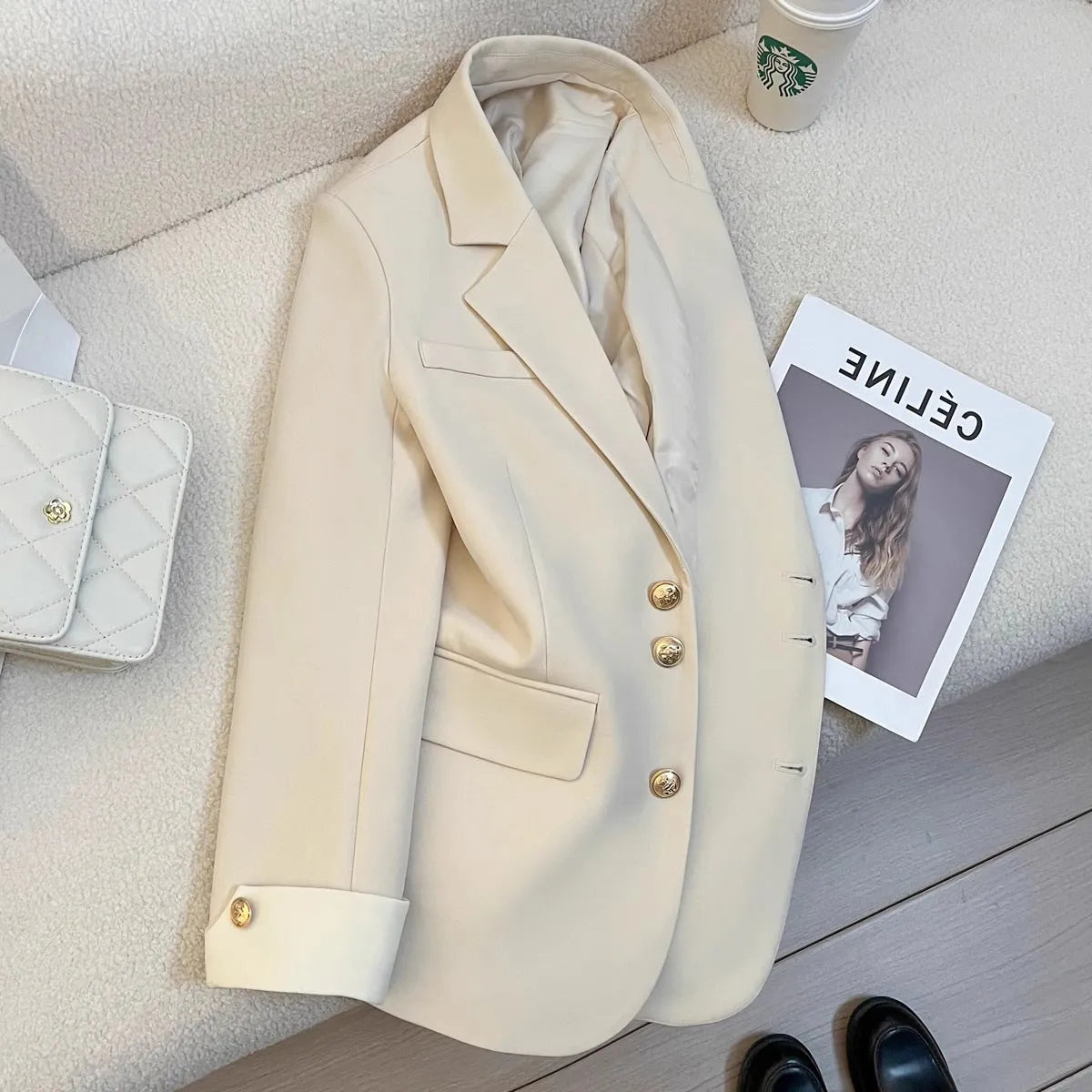Women's milky white loose fit Korean style polyester coat with pockets