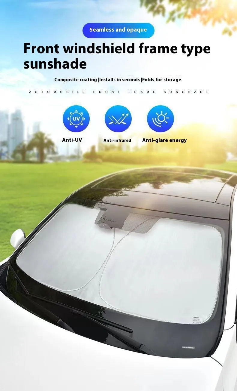 Aluminium foil car sunshade in titanium silver colour showing rectangular shape and solid pattern