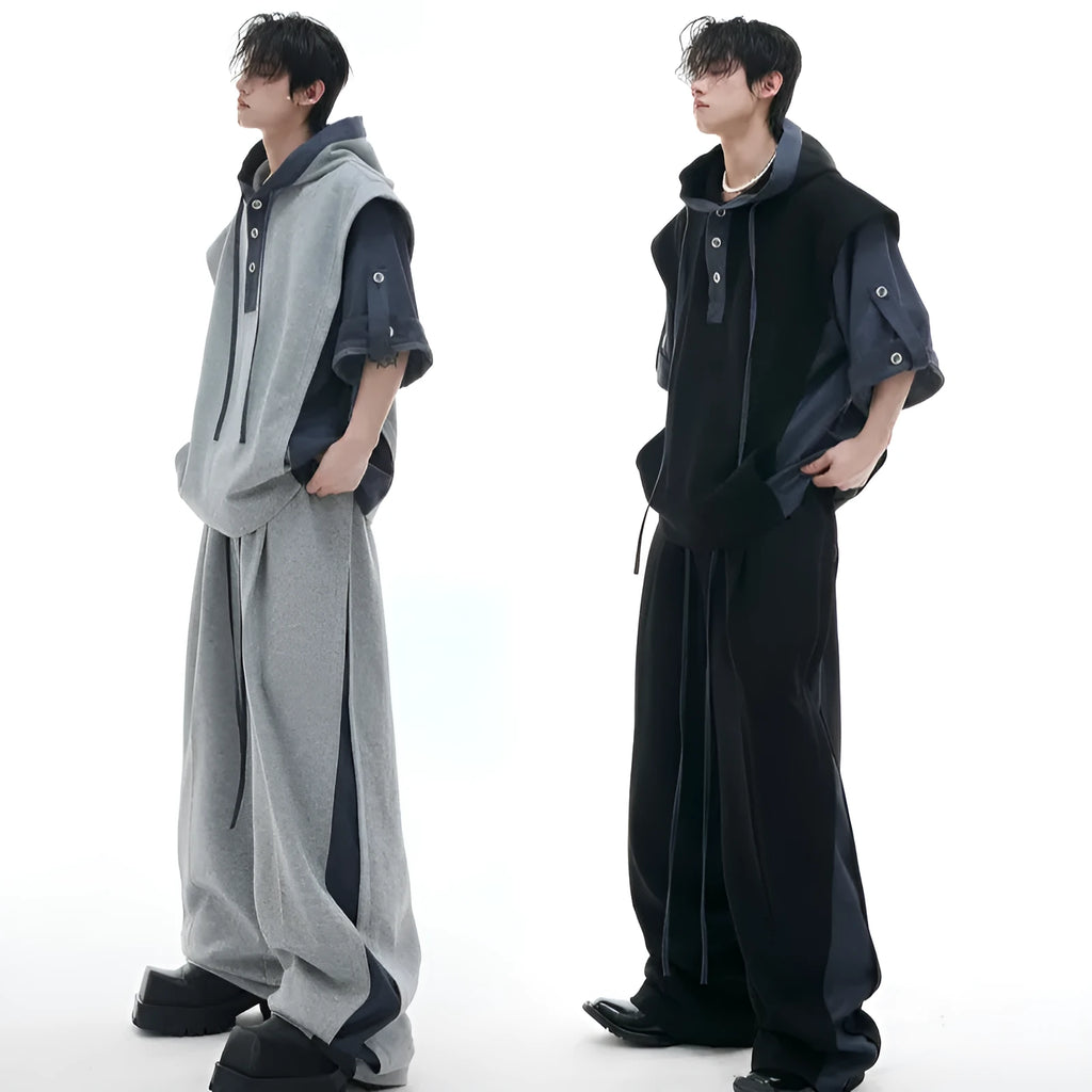 Men's black hooded polyester tracksuit with three-dimensional stitching on jacket and trousers