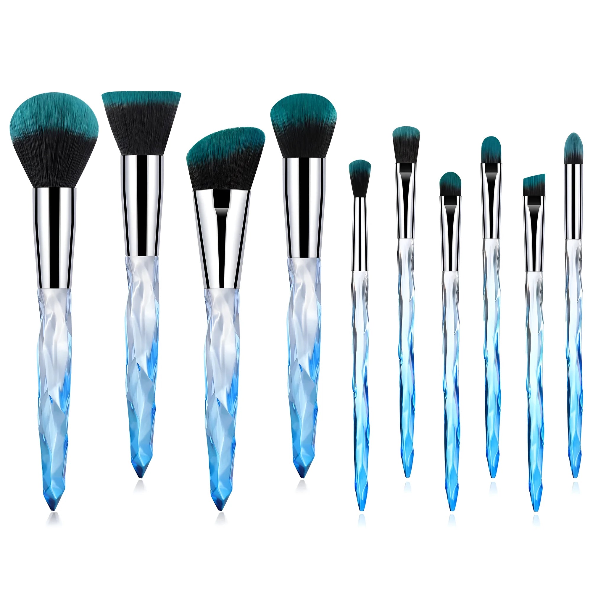 Set of ten crystal-handled foundation brushes with synthetic fibre heads in four colour options