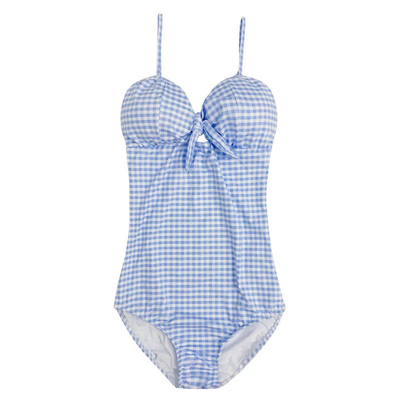 Women's blue and white plaid one-piece swimsuit in nylon fabric