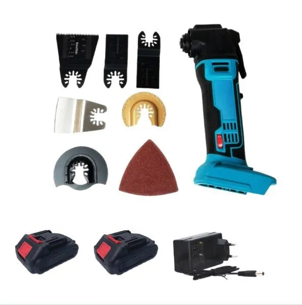 Brushless lithium battery grass trimmer with metal construction and accessories in a plastic storage case.