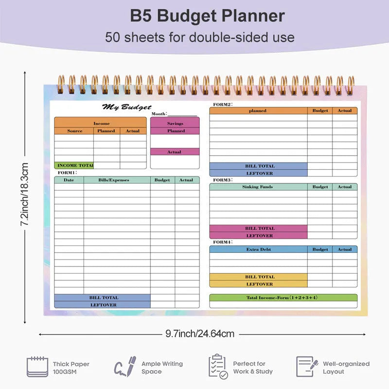 B5 size budget tally notebook with blue PP plastic cover and spiral binding, open on a table.
