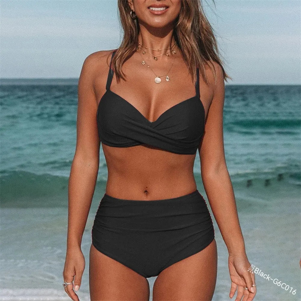 Women's cross-strap swimwear bikini in solid colour with briefs