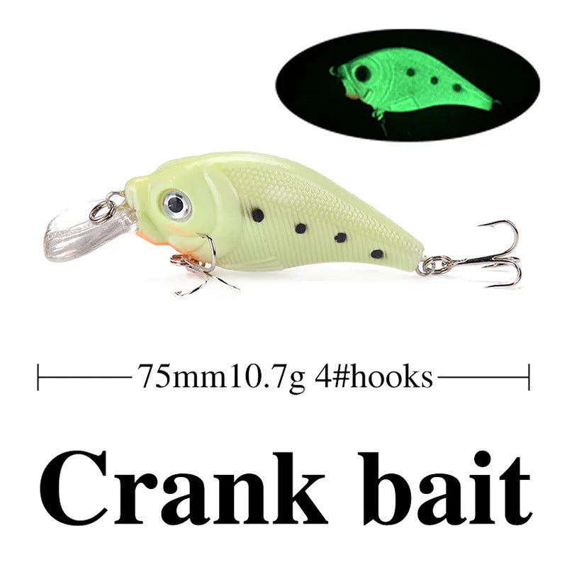 Set of five 3D fluorescent simulation hard bait fishing lures with luminous properties for predator fishing