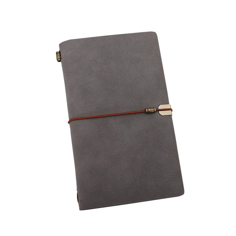 A6 48K leather look notebook with cowhide rope tie, grey cover, closed with rope