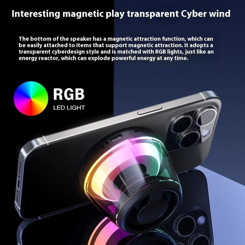 Small round portable wireless Bluetooth speaker with mood lighting in black or white colour, showing magnetic base.