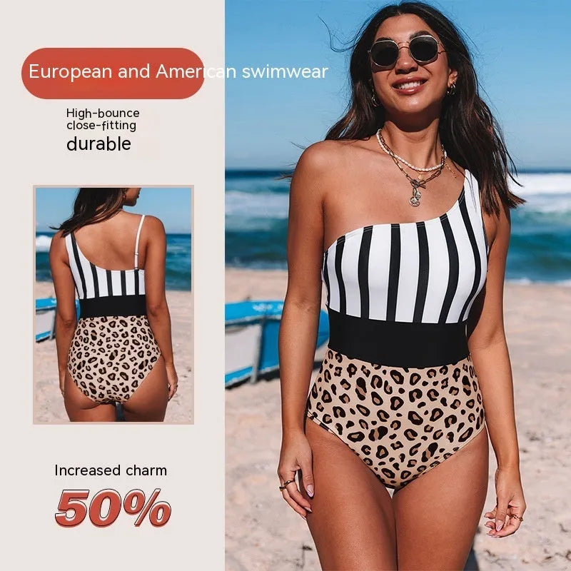 Women's leopard print high waisted one-piece swimsuit with an asymmetric collar design.