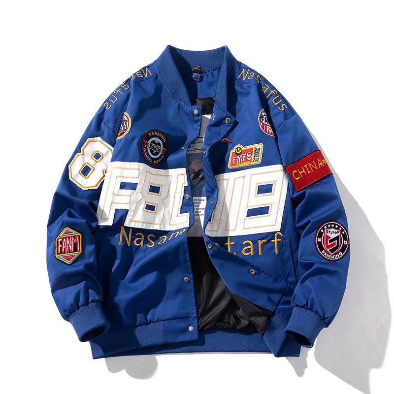 Black American motorcycle-style loose-fit baseball jacket with side pocket, shown with detachable hood.